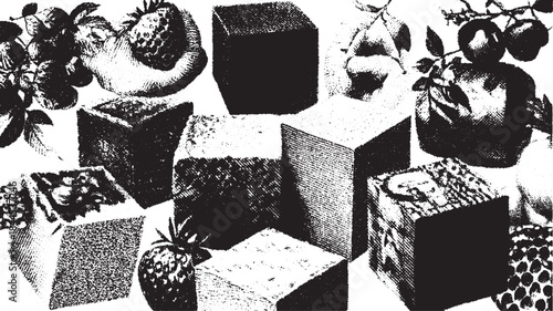 Fruits including strawberries and botanical details in a black and white set. Block shapes with a minimalist and elegant vector illustration style.