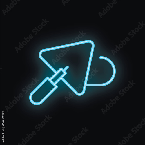 Bright blue neon icon of a trowel glowing on a dark background
