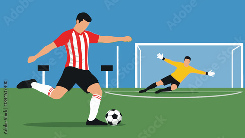 Dynamic 3d illustration of a professional soccer player in action kicking the ball on a green grass field during a competitive football match