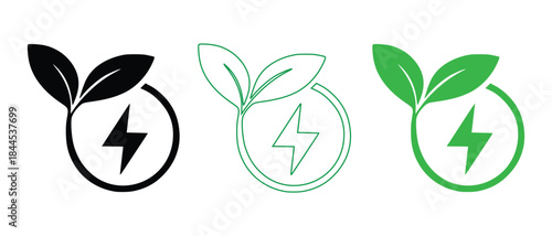 Eco friendly energy symbol with lightning bolt and leaves vector illustration