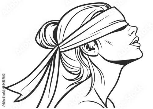 Woman with blindfold covering her eyes in profile view from side