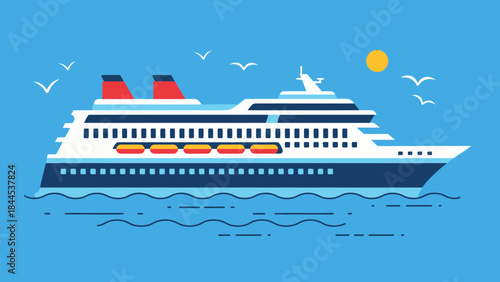 Luxury white cruise ship sailing across the ocean under a clear sky