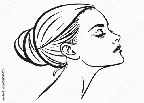 Black and white line drawing of a womans face in profile with her hair in a bun looking up