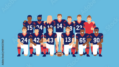 Gridiron Squad: A united American football team poses, showcasing unity and determination, ready for the upcoming game.