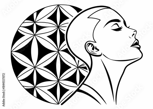 Black and white illustration of a womans head with flower of life pattern