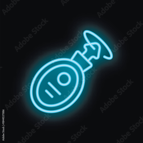 Blue neon sign of a vintage diving helmet glowing on a black background