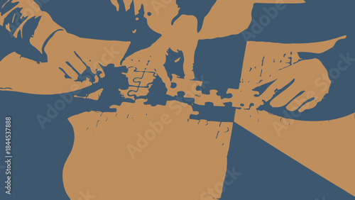 Puzzle of Unity: Hands working together, assembling a complex puzzle, symbolizing teamwork, collaboration, and the power of unity. Each piece fitting into place represents shared goals.