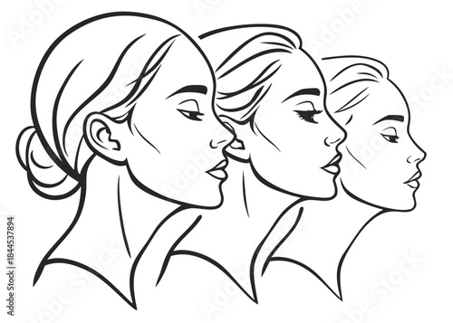 Three female faces in profile with different hairstyles and expressions