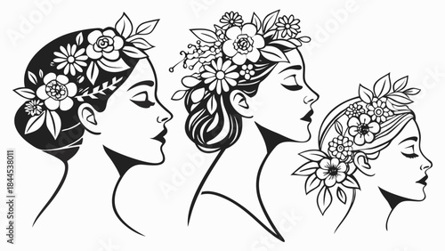 Black and white illustration of three womens heads with floral hair decorations