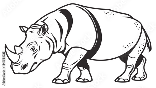 Black and white illustration of a rhinoceros standing on a with a large horn on its nose and a body covered in wrinkles