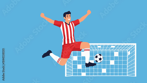 Goal Celebration: Dynamic illustration captures the exhilaration of scoring a goal, with an athlete in mid-air and the ball about to reach the net, embodying the thrill of victory.