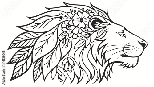 Black and white illustration of a lions head with floral and leaf decorations on its mane