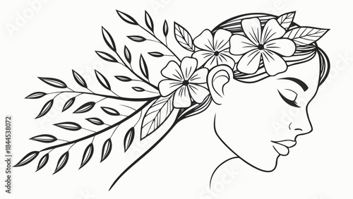 A beautiful womans face with flowers and leaves in her hair on