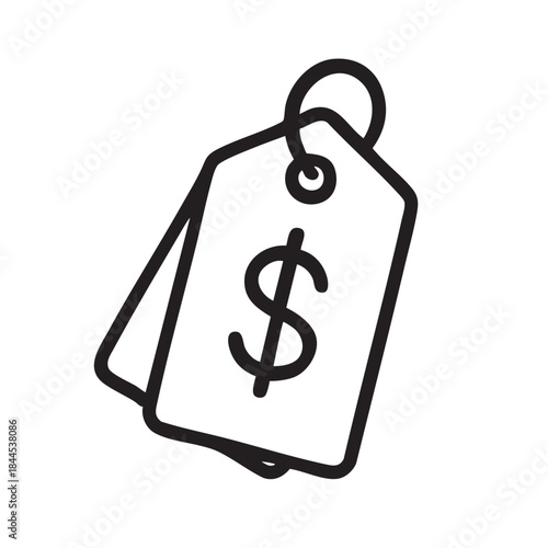 A simple black and white illustration depicting three stacked price tags each featuring a dollar sign symbol