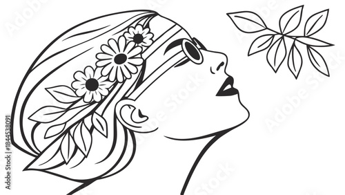 Woman with flowers in her hair smelling a leafy branch