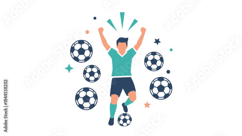 Soccer Victory: An ecstatic soccer player celebrates amidst a constellation of soccer ball, capturing the thrill of the sport and the ecstasy of triumph.