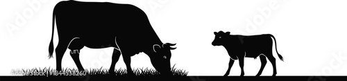Cow and calf silhouette grazing on grass, farm livestock illustration, rural agriculture scene, black animal shapes, minimalist countryside vector art