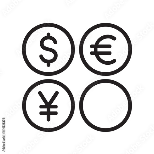 A simple illustration depicts four circular currency symbols dollar euro yen and an empty circle