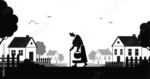 Elderly woman silhouette walking village street rural life loneliness aging countryside black and white vector illustration storytelling concept