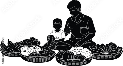 Father and son selling vegetables together family business bonding market life black and white vector illustration rural livelihood concept