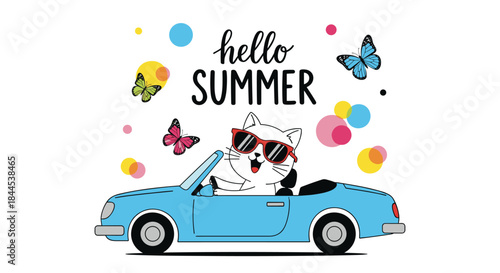 Whimsical illustration of a cool cat in sunglasses driving a blue convertible with butterflies, celebrating a fun summer day.