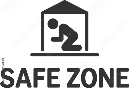 Vector safe zone icon depicting a person seeking shelter inside a protective house structure