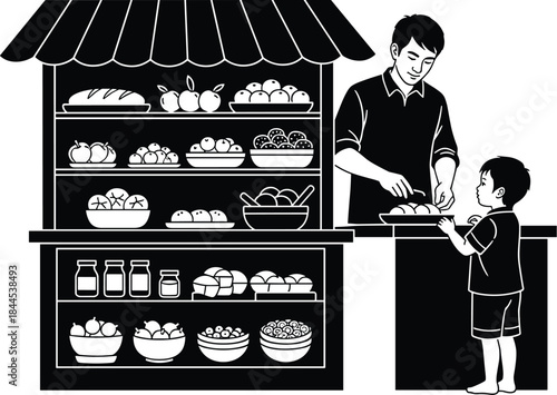 Father buying bread for child at bakery stall family care everyday life black and white vector illustration parenting concept