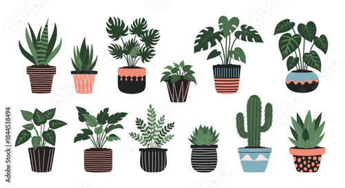 Charming collection of various hand-drawn indoor plants in decorative pots, perfect for creating a cozy urban jungle aesthetic.