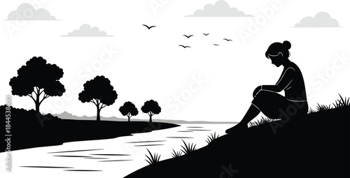 Lonely woman sitting by river silhouette sadness solitude nature landscape black and white vector emotional storytelling illustration concept