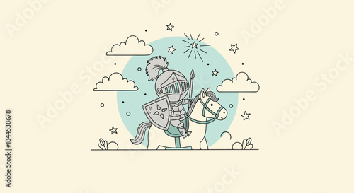 Cute cartoon drawing of a brave little knight in shining armor riding a horse against a celestial background with stars.