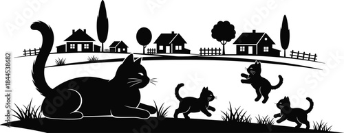 Mother cat with playful kittens silhouette in village landscape, cute feline family scene, rural countryside illustration, black and white vector art