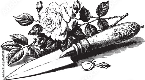 Rose and gardening tool vector illustration in black and white. Detailed sketch showcasing a classic floral design with leaves and thorns.