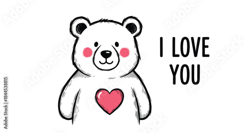 Sweet hand-drawn polar bear with a pink heart and the message "I love you," perfect for a Valentine's or anniversary card.