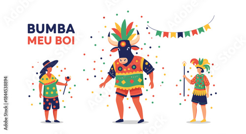 Festive "Bumba Meu Boi" celebration with people in colorful costumes dancing around a central bull figure at the Brazilian festival.