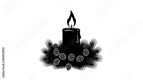 Festive black silhouette of a lit candle surrounded by pine branches and pinecones