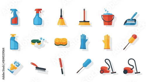 Flat design icons representing a comprehensive set of household cleaning supplies and tools