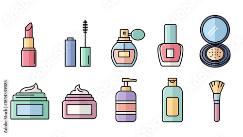 Flat vector illustration of various cosmetic products and makeup items on a white background