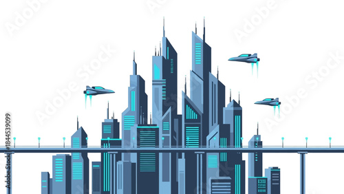Futuristic Cityscape with Flying Vehicles on a Bright White Background