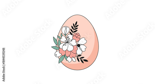 Beautifully decorated pink Easter egg with an elegant bouquet of spring flowers and leaves, isolated on a white background.