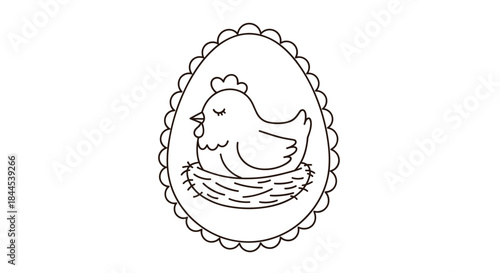 Simple black and white coloring page illustration of a cute chicken in a nest, framed within a decorative, scalloped egg shape.