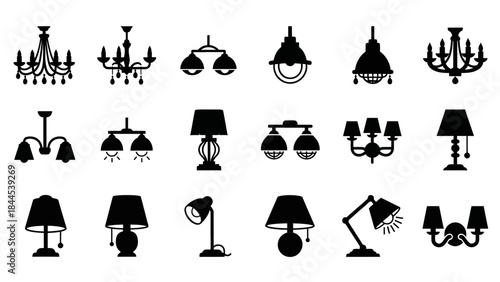 Collection of various silhouette icons representing different types of lamps and chandeliers