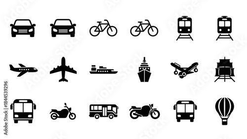 Collection of various transportation icons including cars airplanes trains and bicycles