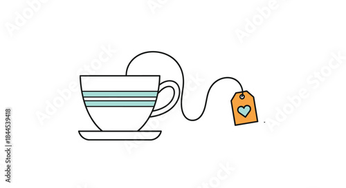 Minimalist illustration of a teacup on a saucer with a teabag tag shaped like a heart, symbolizing a love for tea.