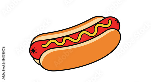 Classic cartoon illustration of a delicious hot dog in a bun with a wavy line of yellow mustard on a white background.