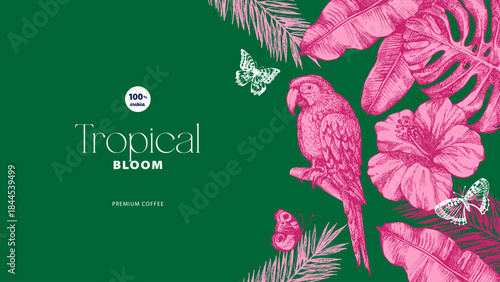 Vintage tropical background with exotic vibe. Parrot, tropical leaves, hibiscus, butterflies. Coffee, restaurant, food packaging, event decor concept. Hand drawn sketch vector illustration.