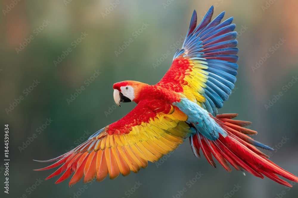 Fototapeta premium A parrot flies with wings spread wide, revealing bright colors of red, blue, and yellow. The scene shows a blurred natural background