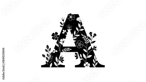 Elegant Black Letter A Decorated with Delicate White Floral Motifs