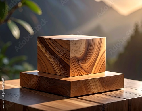 Two wooden blocks stacked on a table, with a blurred background of nature