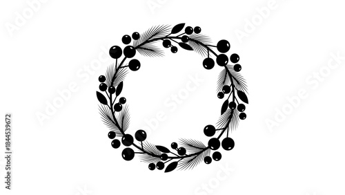 Elegant Black Silhouette of a Natural Berry and Pine Branch Wreath Decoration