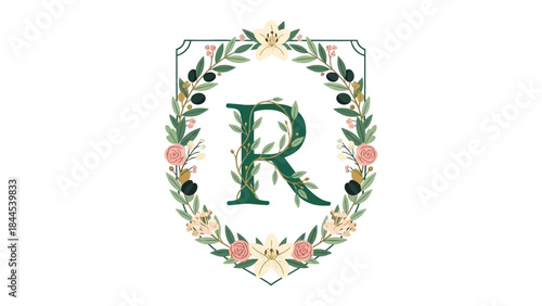 Elegant Green Letter R Monogram Crest Surrounded by a Lush Floral and Olive Branch Wreath